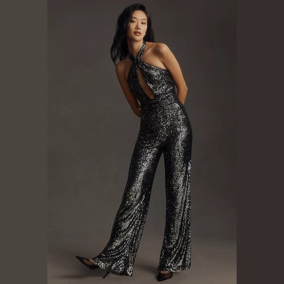 NEW Maeve Sizes 4, 6, 8 - Women's Sequin Halter Wide Leg Jumpsuit - Carbon - Picture 3 of 5